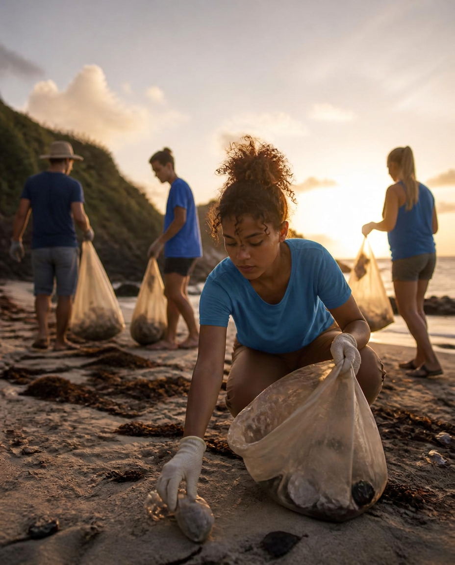 Voluntários realizando uma limpeza de praia ao pôr do sol