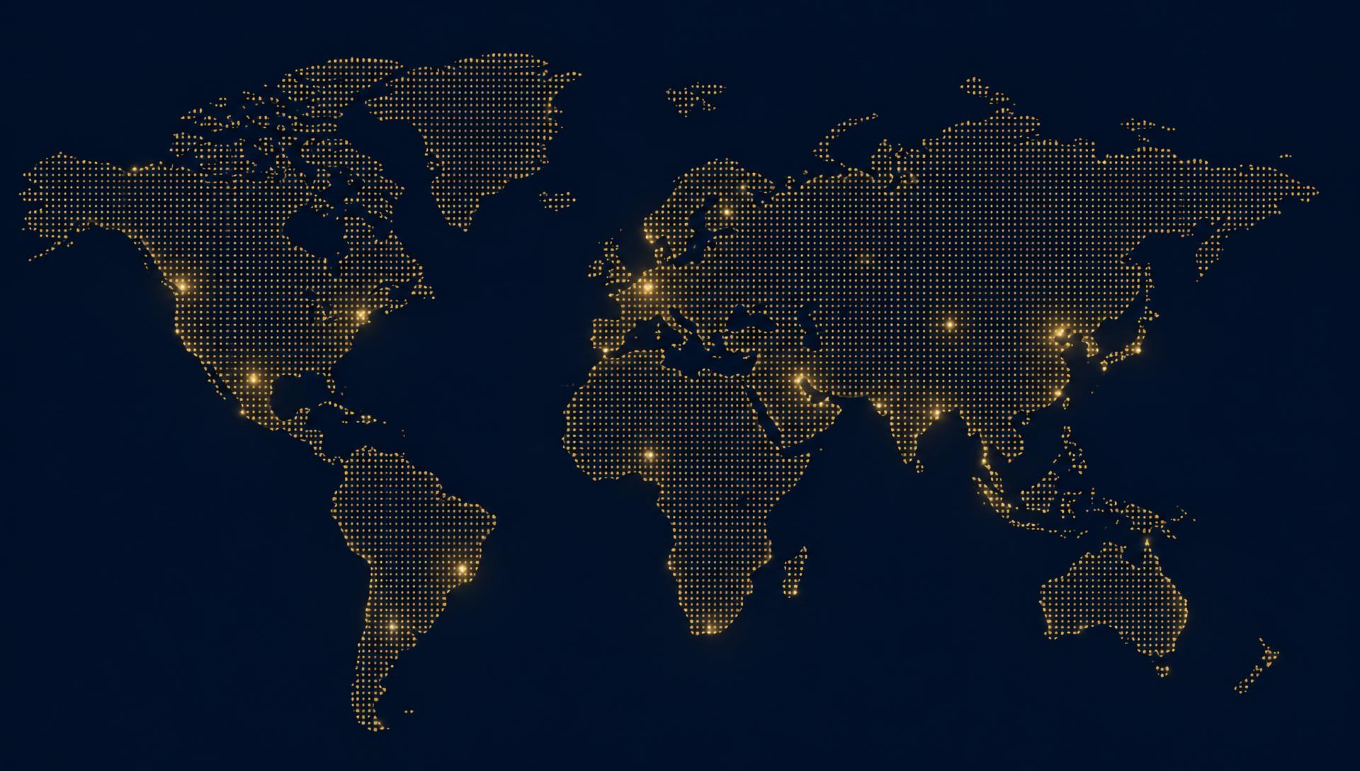Mapa-múndi estilizado indicando a expansão global da ROUTE