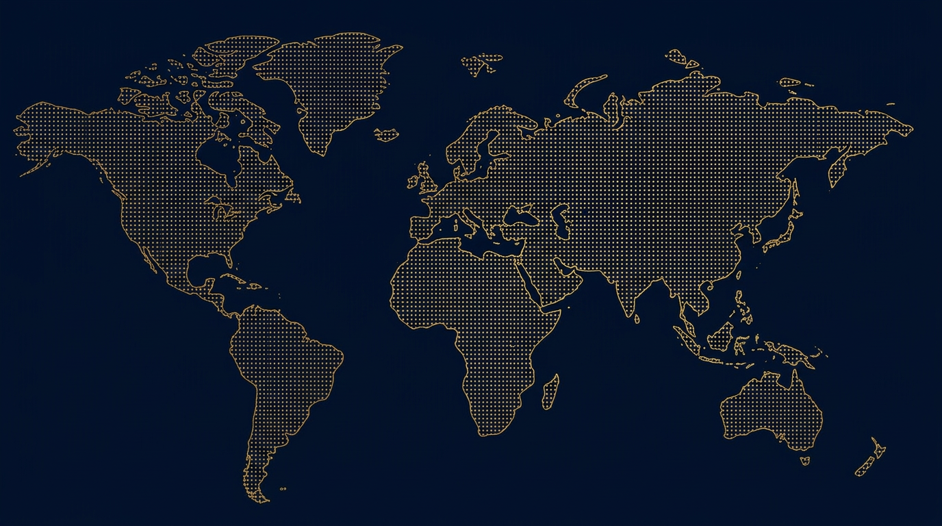 Mapa-múndi estilizado indicando a expansão global da ROUTE