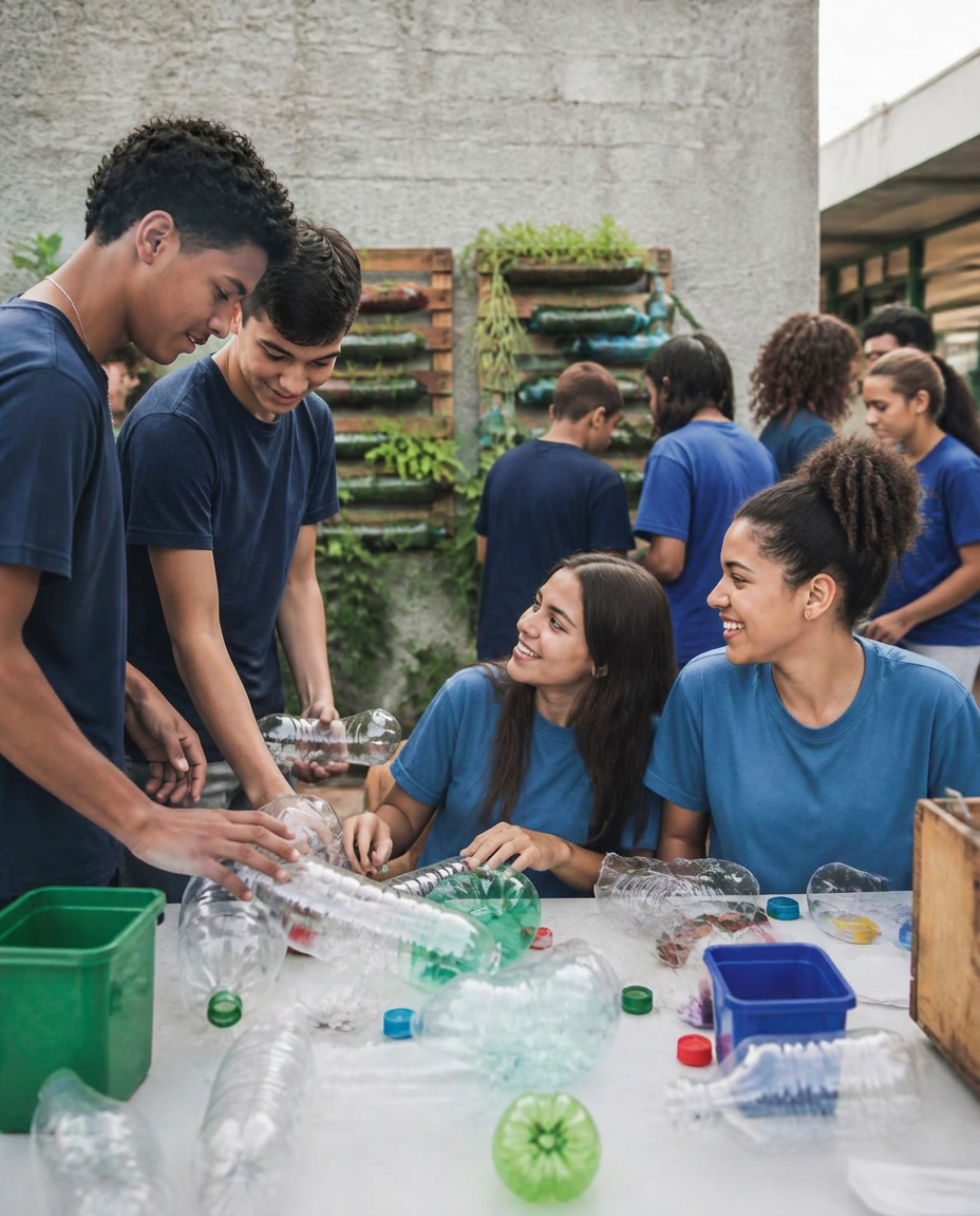 Jovens estudantes organizando uma campanha ambiental na escola